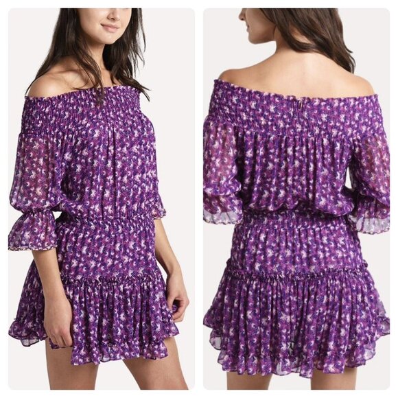 MISA Marisol Smocked Off-The-Shoulder Floral Ruffled Mini Dress XS Purple - Picture 1 of 8